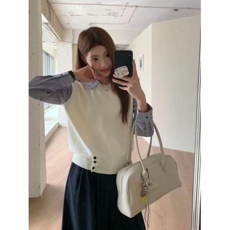 FA44052# 早秋新款韩版设计感条纹衬衫翻领假两件上衣女休闲显瘦针织衫  服裝批發女裝批發服飾貨源