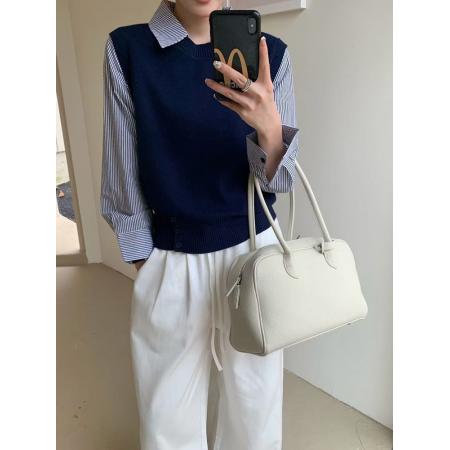 FA44052# 早秋新款韩版设计感条纹衬衫翻领假两件上衣女休闲显瘦针织衫  服裝批發女裝批發服飾貨源
