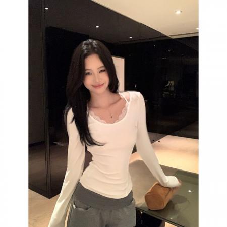 FA44053# 上衣女早秋蕾丝拼接假两件收腰显瘦长袖t恤内搭打底衫  服裝批發女裝批發服飾貨源