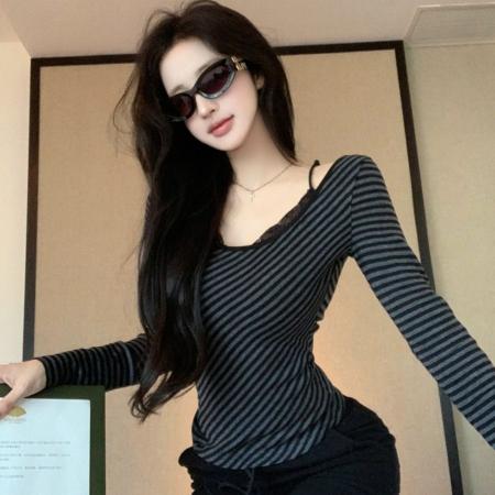 FA44053# 上衣女早秋蕾丝拼接假两件收腰显瘦长袖t恤内搭打底衫  服裝批發女裝批發服飾貨源