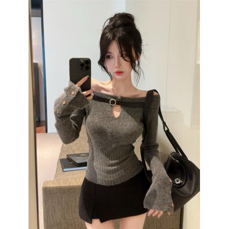 FA44058# 辣妹灰色一字肩镂空设计感毛衣  服裝批發女裝批發服飾貨源