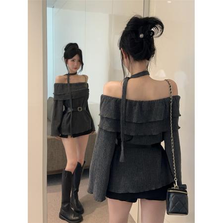 FA44059# 荷叶边一字肩宽松长袖飘带气质上衣  服裝批發女裝批發服飾貨源