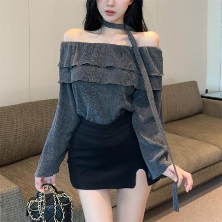 FA44059# 荷叶边一字肩宽松长袖飘带气质上衣  服裝批發女裝批發服飾貨源