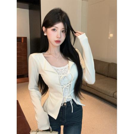 FA44060# 纯欲风蕾丝拼接假两件系带长袖打底衫T恤上衣  服裝批發女裝批發服飾貨源
