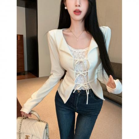 FA44060# 纯欲风蕾丝拼接假两件系带长袖打底衫T恤上衣  服裝批發女裝批發服飾貨源