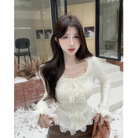 FA44061# 韩版纯欲风蕾丝木耳边甜美蕾丝开衫针织上衣  服裝批發女裝批發服飾貨源