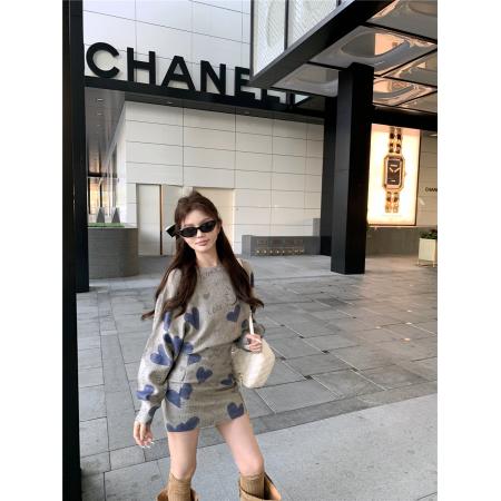 FA44063# 辣妹慵懒风爱心针织连衣裙女显瘦百搭灰色毛衣裙  服裝批發女裝批發服飾貨源