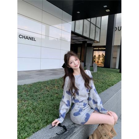 FA44063# 辣妹慵懒风爱心针织连衣裙女显瘦百搭灰色毛衣裙  服裝批發女裝批發服飾貨源