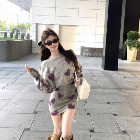 FA44063# 辣妹慵懒风爱心针织连衣裙女显瘦百搭灰色毛衣裙  服裝批發女裝批發服飾貨源