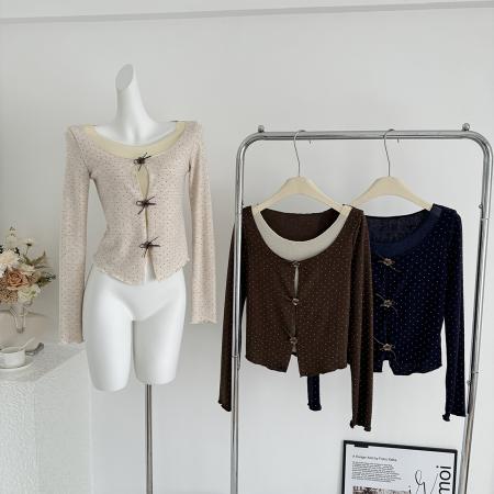 FA44065# 秋季高级感韩版甜美纯欲风波点假两件小衫  服裝批發女裝批發服飾貨源