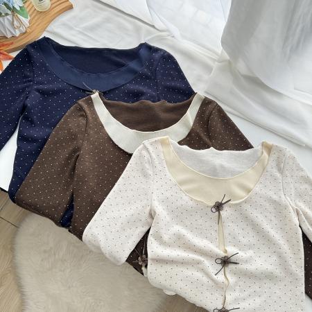 FA44065# 秋季高级感韩版甜美纯欲风波点假两件小衫  服裝批發女裝批發服飾貨源