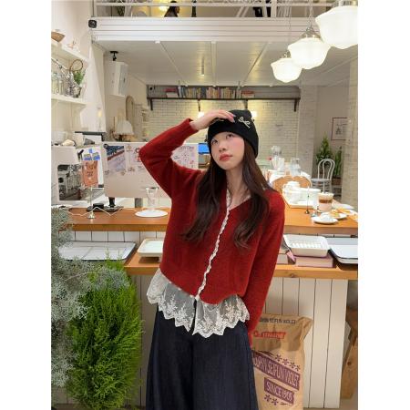 FA44066# 新款冬季温柔百搭气质法式复古毛衣拼接蕾丝外套  服裝批發女裝批發服飾貨源