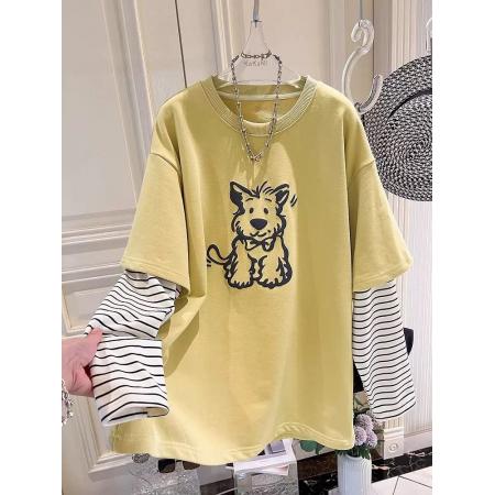 FA44067# 特大码300斤条纹长袖假两件女宽松T恤上衣  服裝批發女裝批發服飾貨源
