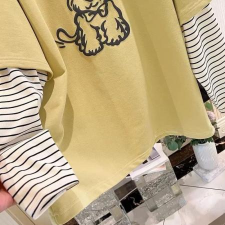 FA44067# 特大码300斤条纹长袖假两件女宽松T恤上衣  服裝批發女裝批發服飾貨源