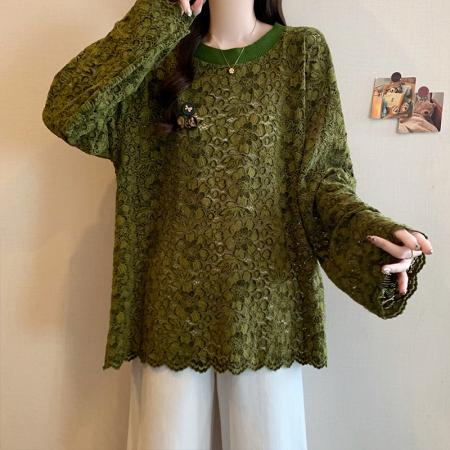 FA44071# 秋冬新款大码女装法式时尚百搭别致蕾丝钩花打底小衫上衣  服裝批發女裝批發服飾貨源