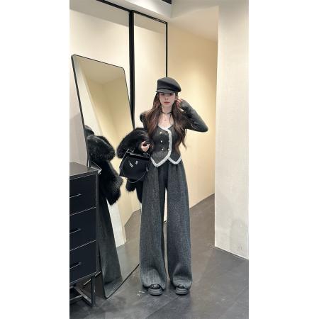 FA44072# 冬季新款小香风金属扣撞色开衫毛衣＋显瘦阔腿裤套装女  服裝批發女裝批發服飾貨源