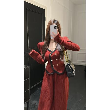 FA44072# 冬季新款小香风金属扣撞色开衫毛衣＋显瘦阔腿裤套装女  服裝批發女裝批發服飾貨源