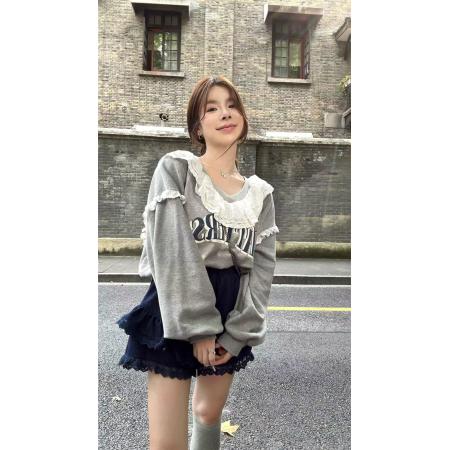 FA44073# 秋冬新款字母印花拼接蕾丝加厚卫衣小众时尚宽松上衣女  服裝批發女裝批發服飾貨源