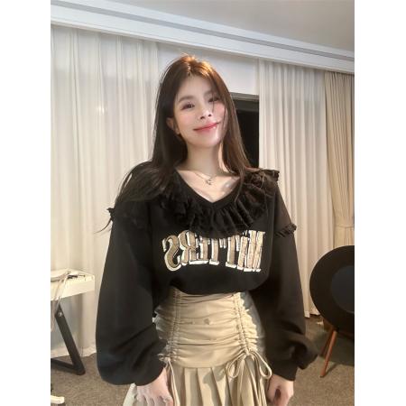 FA44073# 秋冬新款字母印花拼接蕾丝加厚卫衣小众时尚宽松上衣女  服裝批發女裝批發服飾貨源