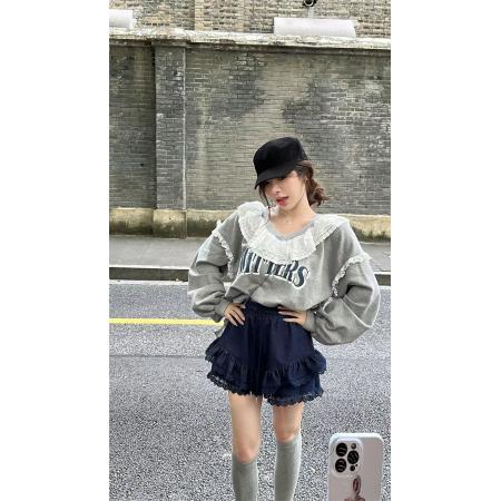 FA44073# 秋冬新款字母印花拼接蕾丝加厚卫衣小众时尚宽松上衣女  服裝批發女裝批發服飾貨源