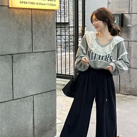 FA44073# 秋冬新款字母印花拼接蕾丝加厚卫衣小众时尚宽松上衣女  服裝批發女裝批發服飾貨源