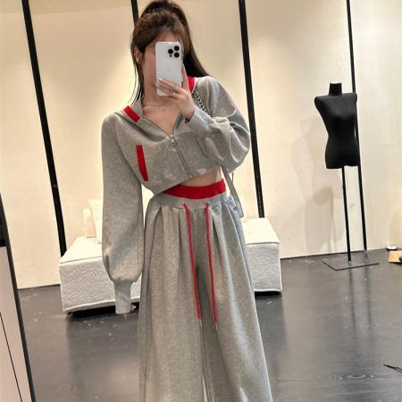FA44079# 秋冬韩版别致撞色设计感外套连帽卫衣＋休闲长裤套装  服裝批發女裝批發服飾貨源
