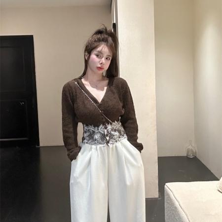 FA44084# 秋冬新款纯欲收腰V领蕾丝拼接长袖修身毛针织衫上衣  服裝批發女裝批發服飾貨源