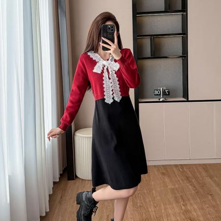FA44093# 秋冬新款拼色针织长袖蕾丝飘带连衣裙假两件礼服裙平时可穿  服裝批發女裝批發服飾貨源