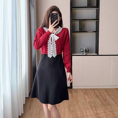 FA44093# 秋冬新款拼色针织长袖蕾丝飘带连衣裙假两件礼服裙平时可穿  服裝批發女裝批發服飾貨源