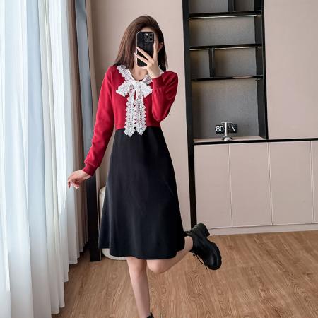 FA44093# 秋冬新款拼色针织长袖蕾丝飘带连衣裙假两件礼服裙平时可穿  服裝批發女裝批發服飾貨源