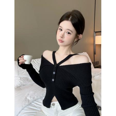 FA44096# 辣妹一字肩挂脖长袖翻领毛衣短款针织打底衫女  服裝批發女裝批發服飾貨源