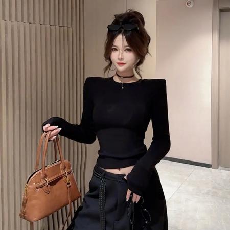 FA44098# 纯欲辣妹后背网纱拼接长袖t恤女秋季新款修身显瘦内搭打底衫上衣  服裝批發女裝批發服飾貨源
