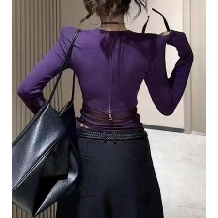 FA44098# 纯欲辣妹后背网纱拼接长袖t恤女秋季新款修身显瘦内搭打底衫上衣  服裝批發女裝批發服飾貨源
