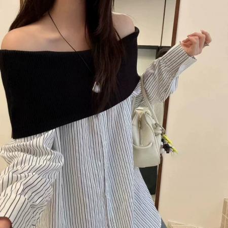 FA44100# 早秋新款设计感一字肩条纹衬衫女法式宽松慵懒风长袖上衣  服裝批發女裝批發服飾貨源