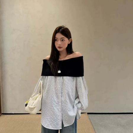 FA44100# 早秋新款设计感一字肩条纹衬衫女法式宽松慵懒风长袖上衣  服裝批發女裝批發服飾貨源