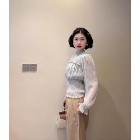 FA44101# 茶雾青衫独特漂亮的雪纺衫女早秋防晒收腰长袖修身显瘦上衣潮  服裝批發女裝批發服飾貨源