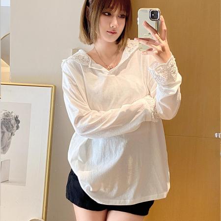 FA44104# t恤女新款春装长袖连帽内搭宽松韩版慵懒风纯色百搭白色上衣  服裝批發女裝批發服飾貨源