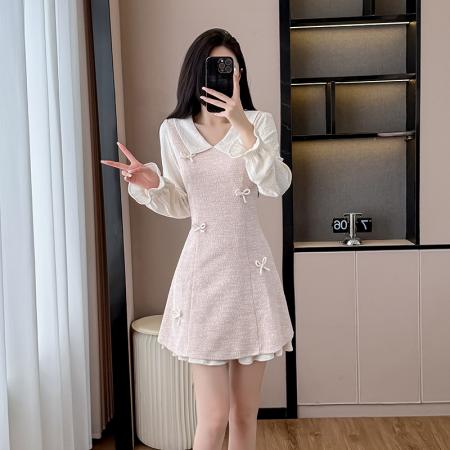 FA44111# 温柔风小香风连衣裙女春秋新款假两件小个子长袖裙子  服裝批發女裝批發服飾貨源