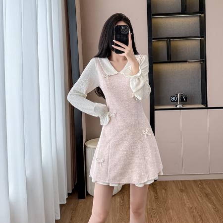 FA44111# 温柔风小香风连衣裙女春秋新款假两件小个子长袖裙子  服裝批發女裝批發服飾貨源