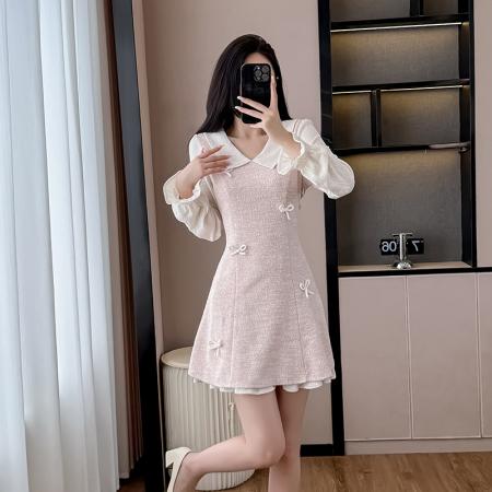 FA44111# 温柔风小香风连衣裙女春秋新款假两件小个子长袖裙子  服裝批發女裝批發服飾貨源