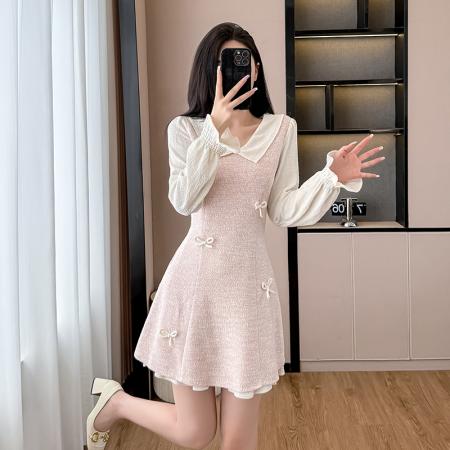 FA44111# 温柔风小香风连衣裙女春秋新款假两件小个子长袖裙子  服裝批發女裝批發服飾貨源
