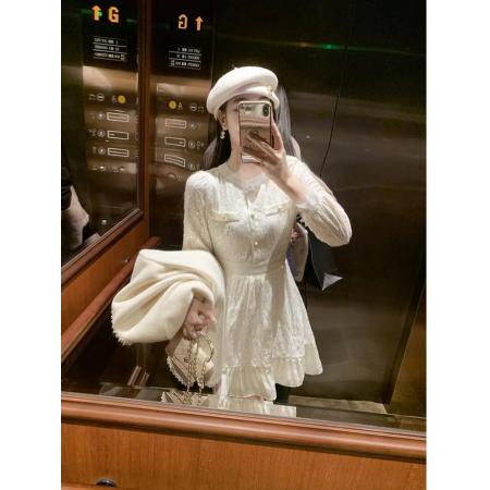 FA44113# 高腰拼接女装网红法式小香风显瘦连衣裙设计感蕾丝收腰裙  服裝批發女裝批發服飾貨源