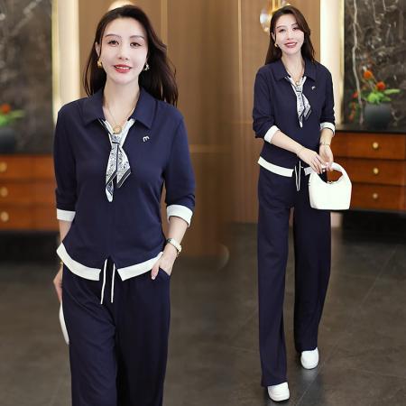 FA44115# 休闲时尚套装秋季新款显瘦减龄撞色丝带上衣阔腿裤两件套  服裝批發女裝批發服飾貨源