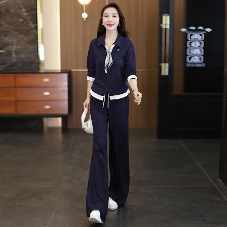 FA44115# 休闲时尚套装秋季新款显瘦减龄撞色丝带上衣阔腿裤两件套  服裝批發女裝批發服飾貨源