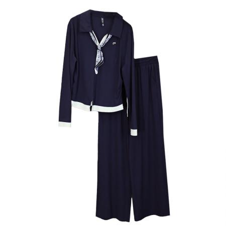 FA44115# 休闲时尚套装秋季新款显瘦减龄撞色丝带上衣阔腿裤两件套  服裝批發女裝批發服飾貨源