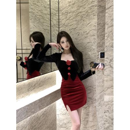 FA44121# 时尚立体花朵撞色拼接收腰长袖连衣短裙  服裝批發女裝批發服飾貨源