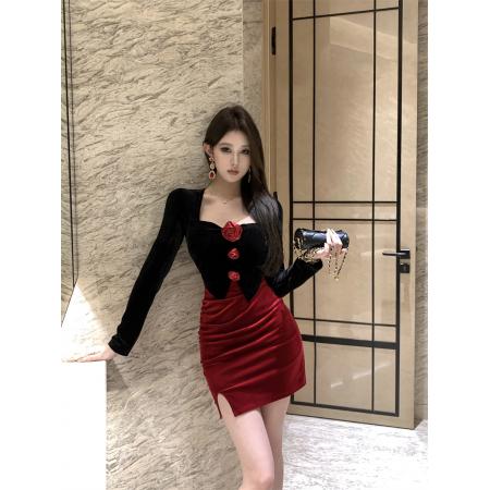 FA44121# 时尚立体花朵撞色拼接收腰长袖连衣短裙  服裝批發女裝批發服飾貨源