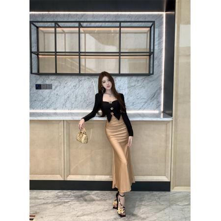 FA44126# 时尚立体花朵撞色拼接收腰长袖连衣裙  服裝批發女裝批發服飾貨源