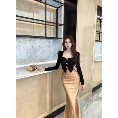 FA44126# 时尚立体花朵撞色拼接收腰长袖连衣裙  服裝批發女裝批發服飾貨源