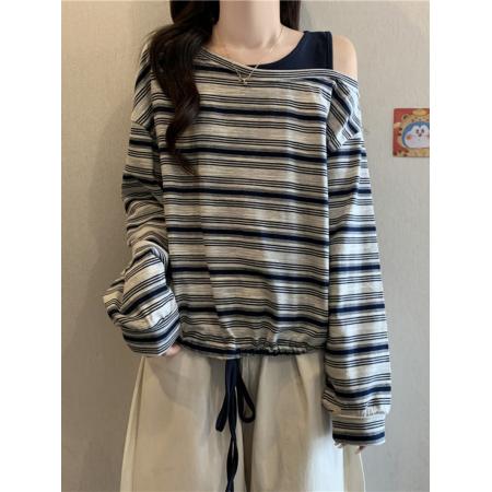 FA44127# 原版色织条纹秋季设计感斜领露肩抽绳条纹卫衣宽松长袖T恤上衣女 服裝批發女裝批發服飾貨源